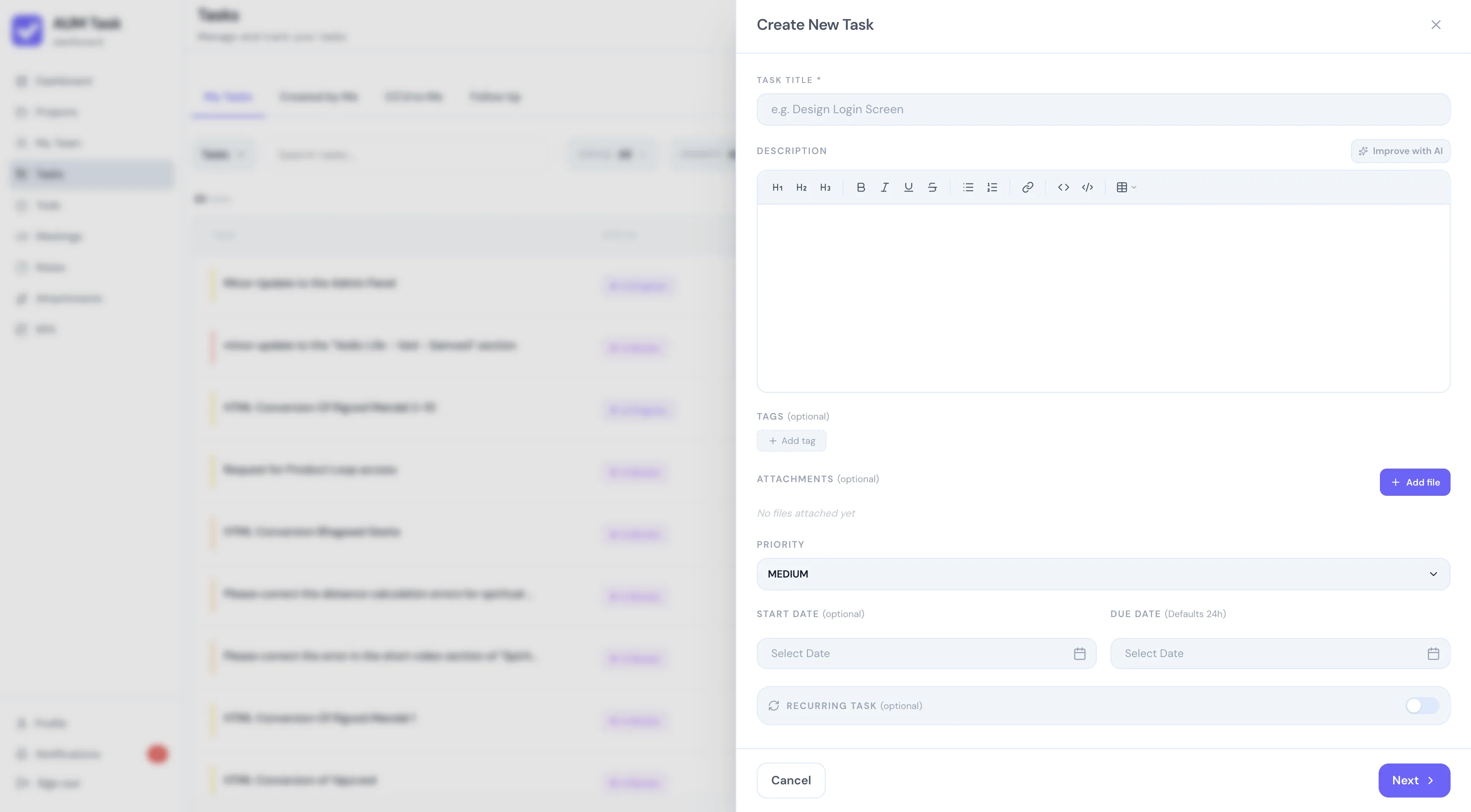Create Task Step 1: General Info & AI Assistance